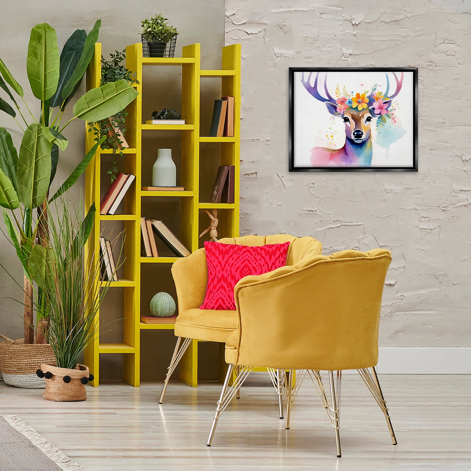 Stupell Industries Floral Garland Deer Animals & Insects Painting Black Floater Framed Canvas Art Print Wall Art, 21 x 17