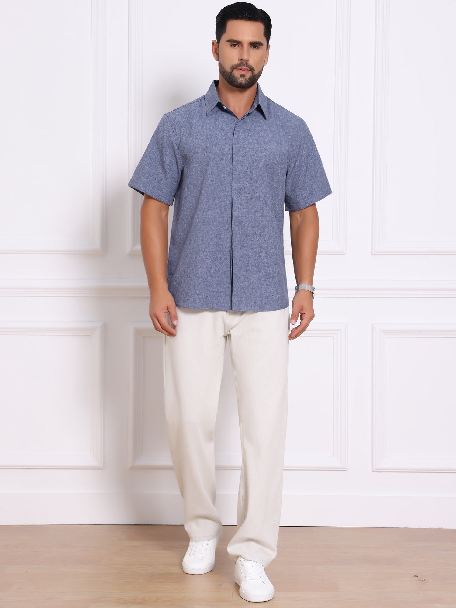 DARING DIVA Men's Solid Summer Short Sleeve Button Down Linen Shirts S Denim Blue
