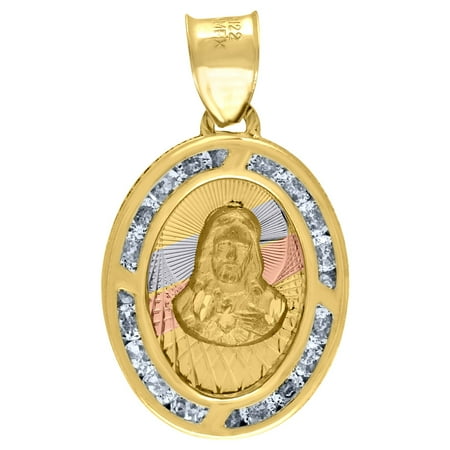14k Tri-color Gold Unisex Cz Textured Religious Oval Jesus Medal Charm Pendant for Men Women