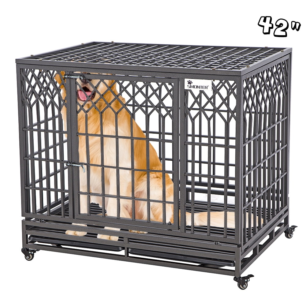 SMONTER 46 STrengthened Heavy Duty Dog Crate Strong Metal Pet Kennel Playpen with Two Prevent Escape Lock Dark Silver Large Dogs Cage with Wheels 