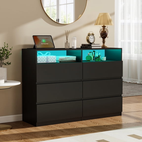 Black Dresser for Bedroom 6 Drawer with LED Lights & Power Outlet Modern TV Stand Double Dresser Wide Chest of Drawers Storage Cabinet for Bedroom,Game Room