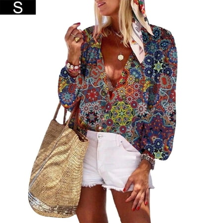 

BESTHUA Ladies＇ Shirt Turn-down Collar Printed T-shirt Blouse Top