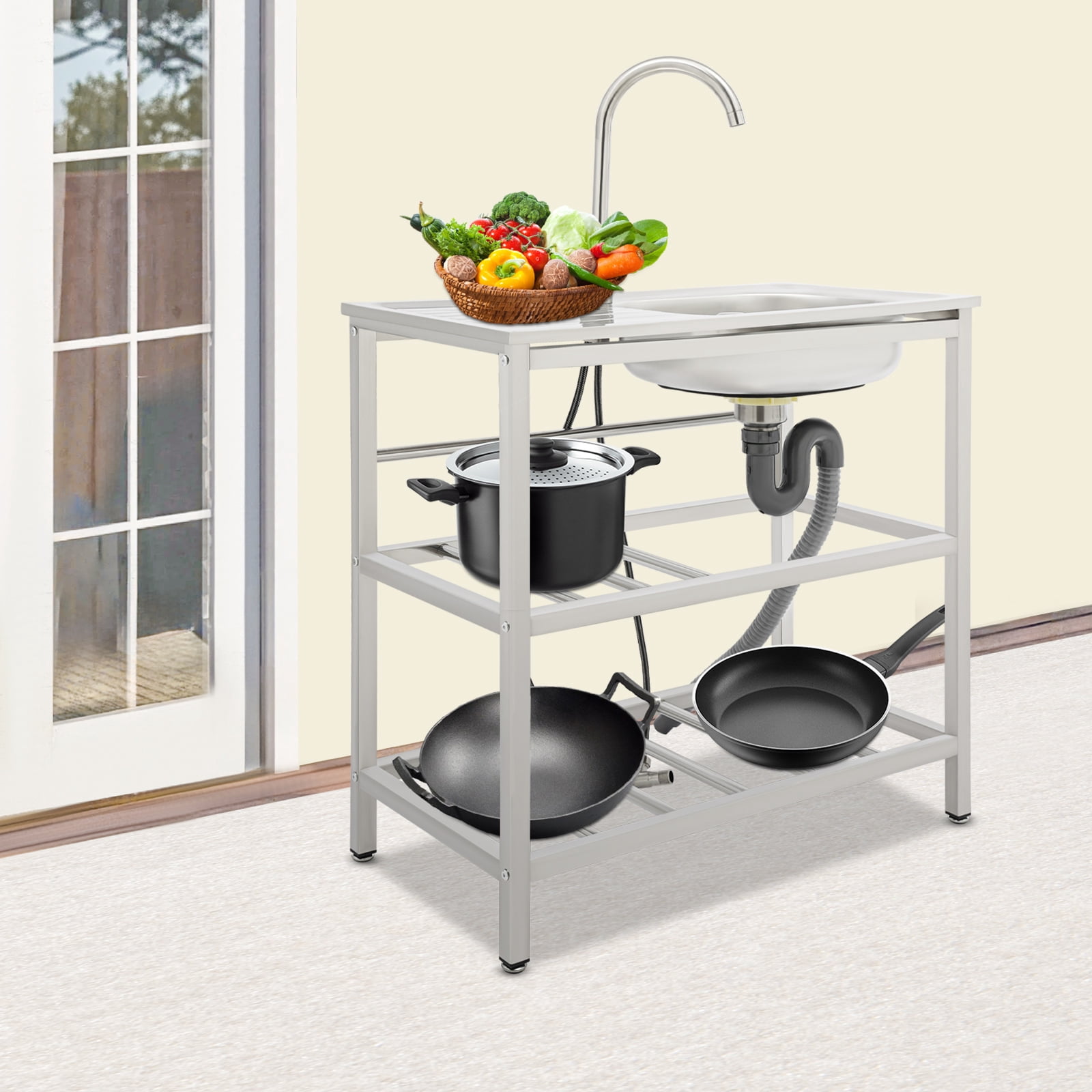 Freestanding Stainless Steel Sink,Large Capacity Utility Sink with Faucet and Storage Rack, for Backyard Garden Balcony Kitchen