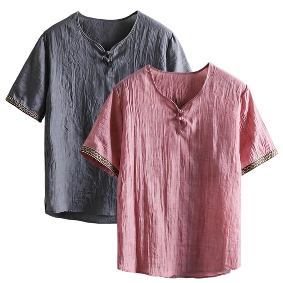 FRSASU Men's Boho Cotton Linen Shirt Short Sleeve Loose Ethnic Style Tee Casual Summer Beach Lightweight Vintage V-Neck T-shirts Pink