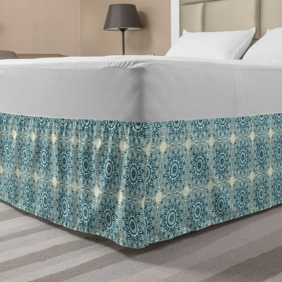 Blue Mandala Bed Skirt, Repetitive Abstract Sunflower Interpretation Folkloric Motifs Print, Elastic Bedskirt Dust Ruffle Wrap Around for Bedding Decor, 4 Sizes, Ivory and Petrol Blue, by Ambesonne