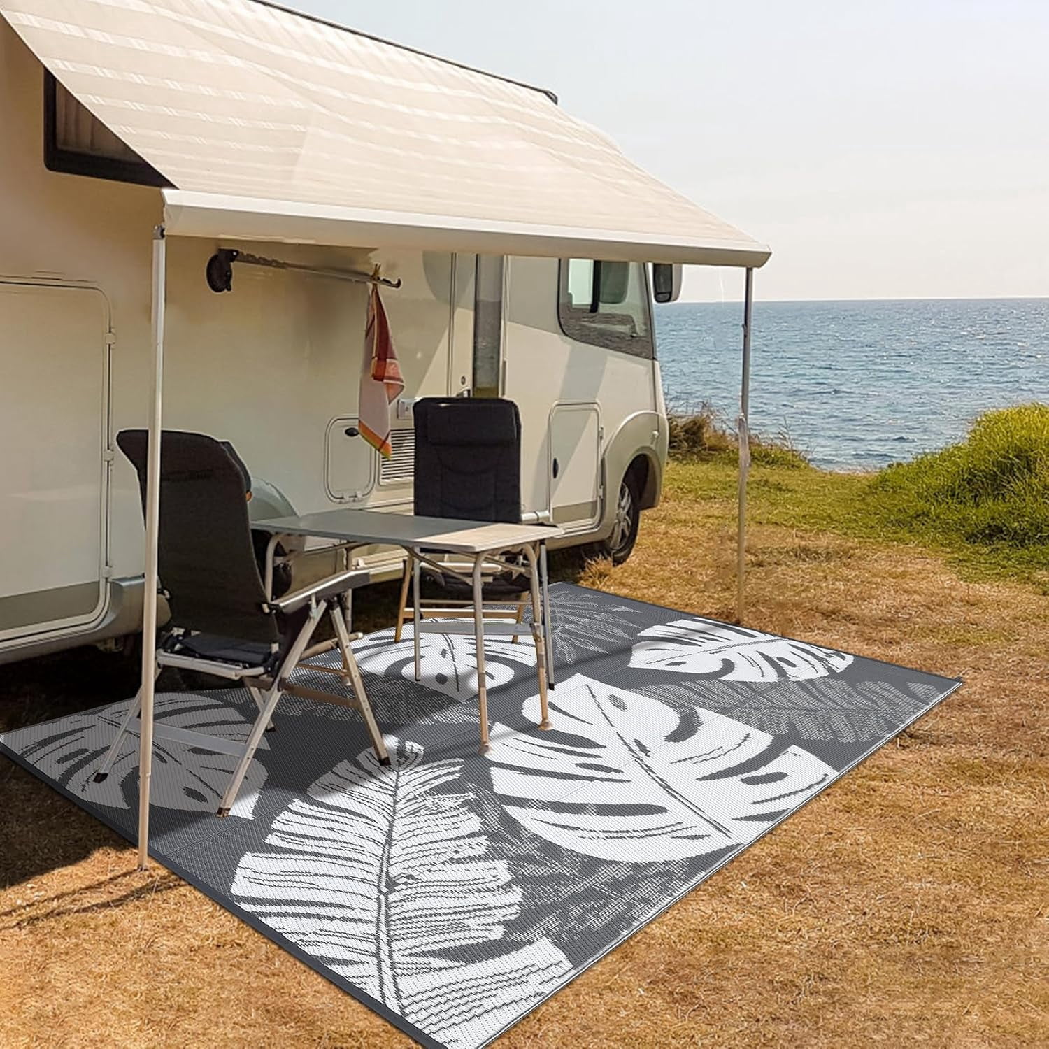 Funslane Outdoor Rug 10' x 14', Waterproof Plastic Straw Mat, Foldable & Reversible, Indoor Outdoor Rugs for Patio, Deck, RV, Beach, Picnic, Gray/White