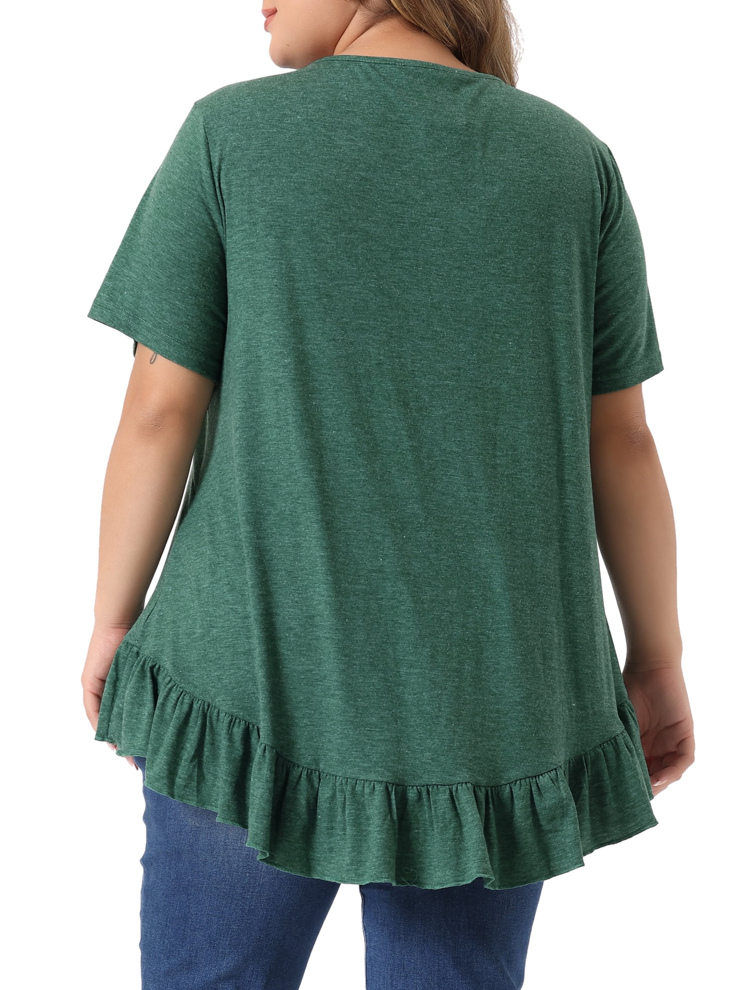 Women's Plus T Shirts Henley V Neck Button Up Short Sleeve Ruffled Hem Blouses Tops 3X Dark Green