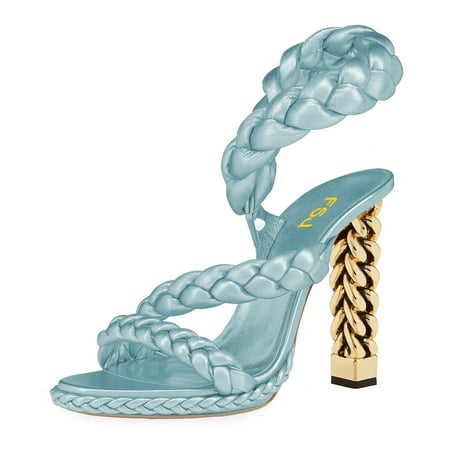 FSJ Women Braided Sandals Special Metal Chain Chunky High Heels Open Toe Platform Strappy Pump Party Wedding Bridal Prom Shoes Size 10.5 Blue