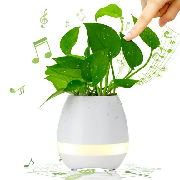 Smart Round White Plastic Indoor Plant-Pot with Wireless Bluetooth Speaker Button Control Light Mode