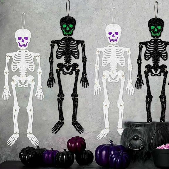 2 Pcs Halloween Skeleton Decorations Glitter Paper Hanging Ornaments DIY Skeleton 26 Inch Poseable Decorations For Halloween Party Home Decor Spooky Halloween Decor