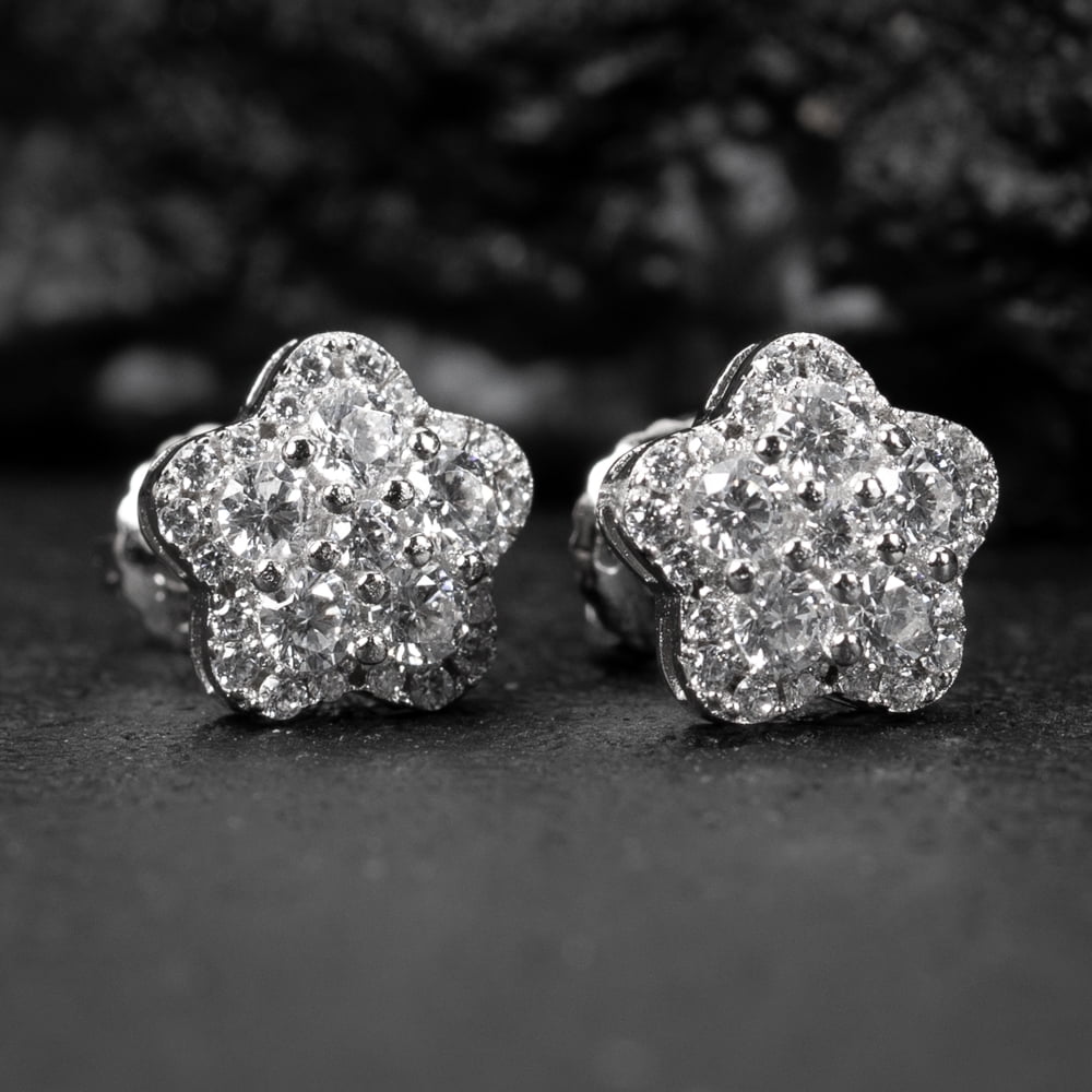 Men's Women's White Gold Sterling Silver Flower Cluster Star Hip Hop Screw Back Stud Earrings