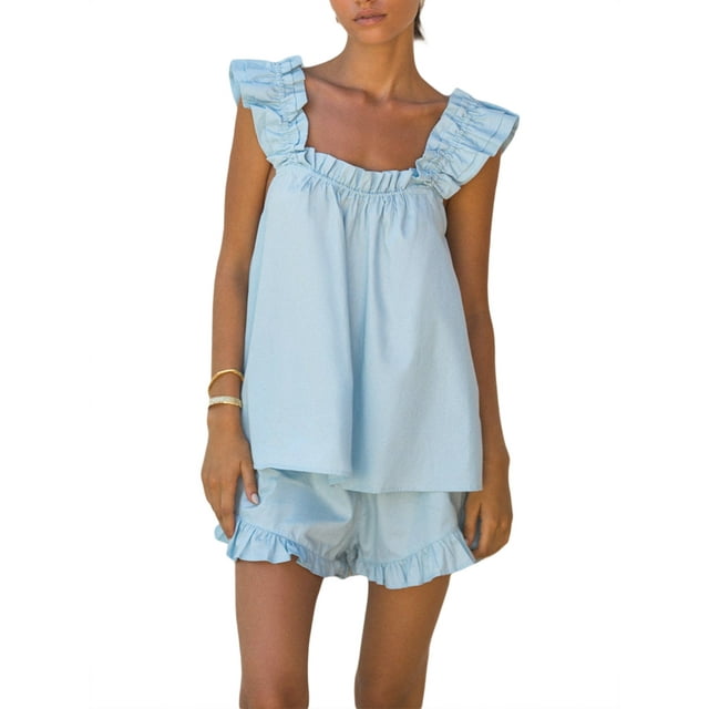 Faithtur Womenacute;s Summer 2PCS Pajamas Sets Sleeveless Backless Sling Vest + Solid Color Ruffle Shorts