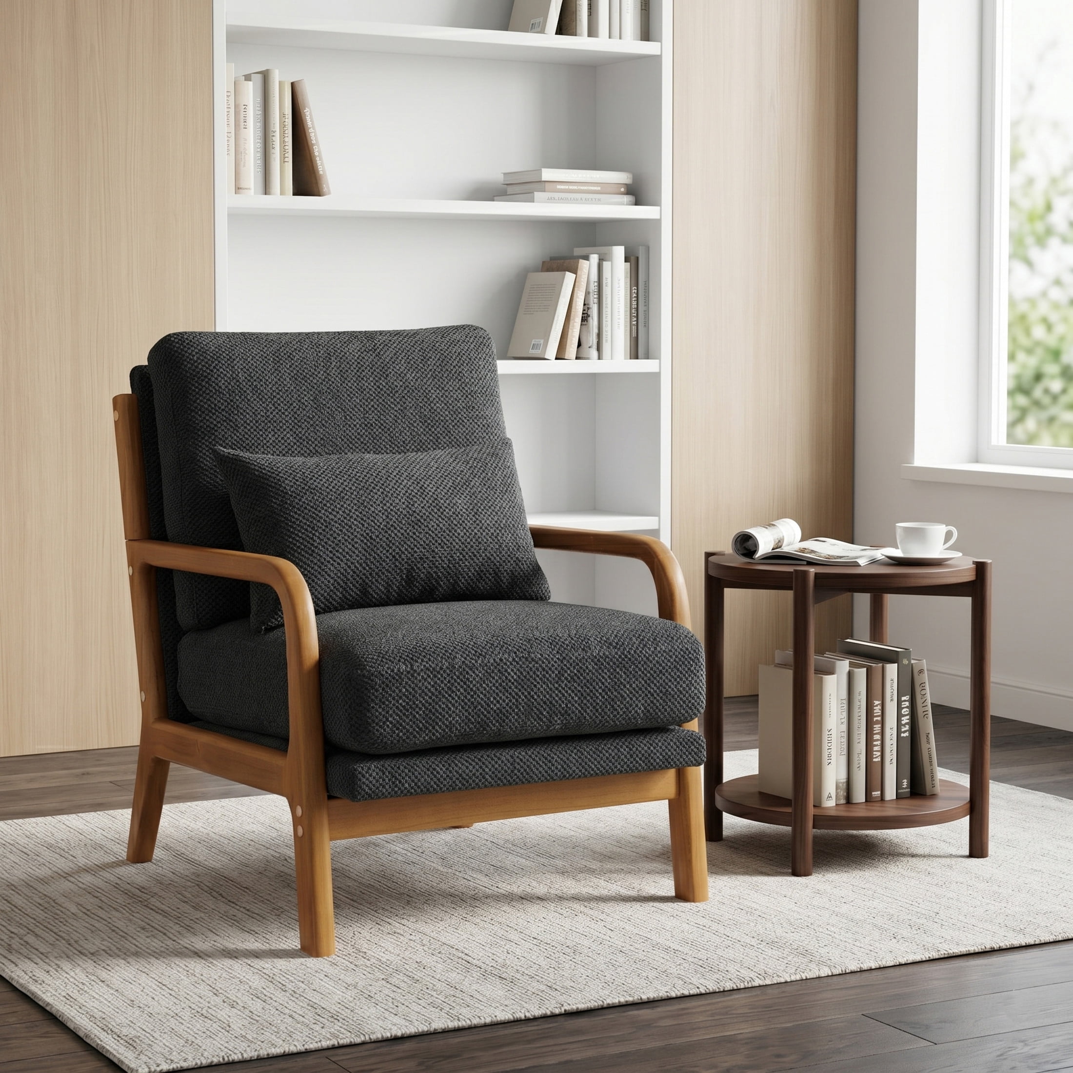 Noble House Mid-Century Modern Lounge Chair, Upholstered Accent Armchair with Solid Wood Frame, Dark Gray
