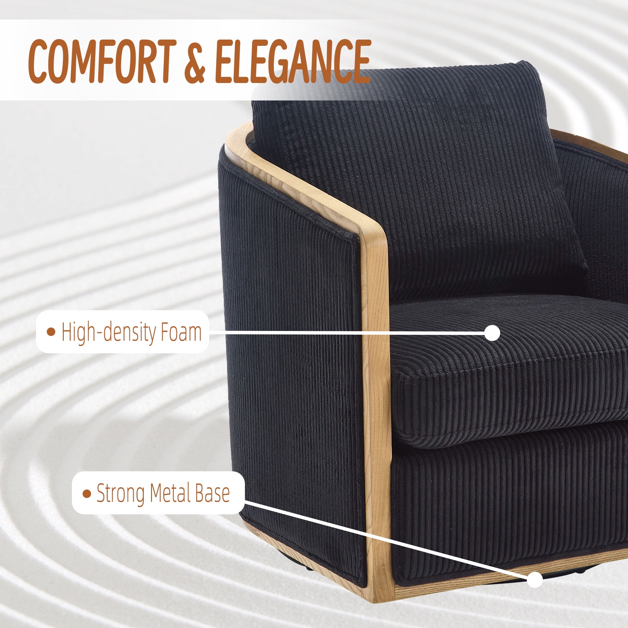 MOONMISS Corduroy Upholstered 360°Swivel Comfortable Round Barrel Chair for Living Room,Bedroom-Black