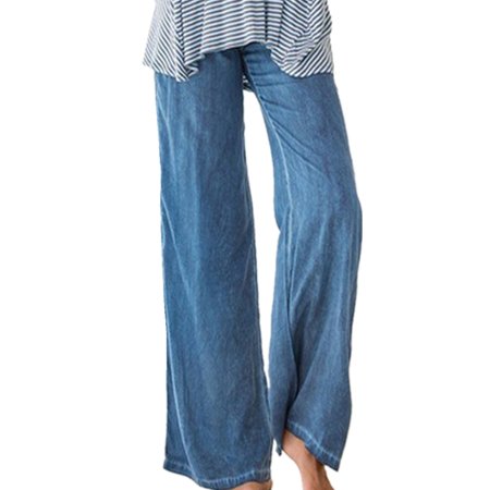 - Women's Fashion Elastic Waist Faux Denim Solid Wide Leg Pants Flared Trousers