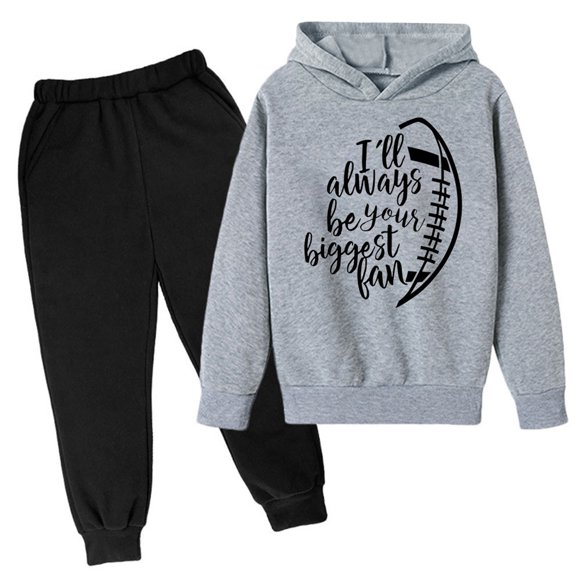New Hooded Football Letter Printed Hoodie Pants Children'S Casual Suit Fashion Trend American Football Fans Sports Gift Boys Outfits&Set Grey 120/5 Y—6 Y