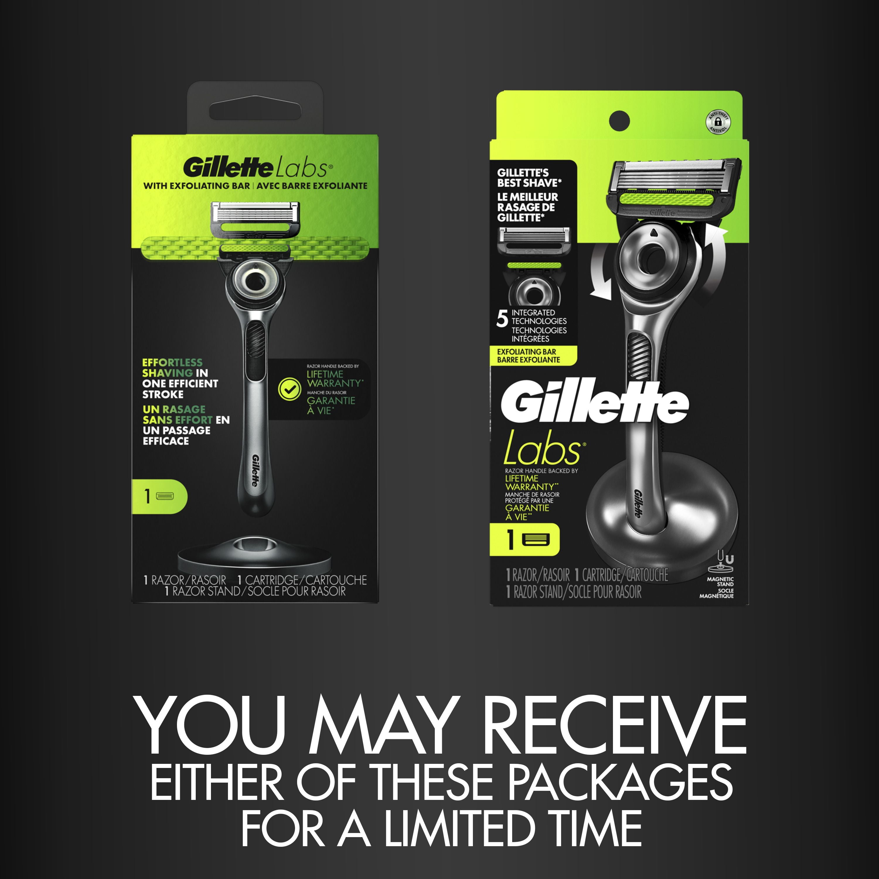 Rasoir GilletteLabs pour hommes avec barre exfoliante par Gillette, 1 manche, 1 cartouche de rechange, comprend un socle magnétique haut de gamme 1CT