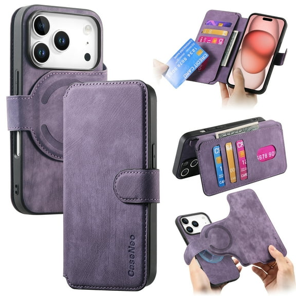 Designed for iPhone 17 Pro Max Wallet Case, Magnetic Detachable PU Leather Flip Case with Card Holders Support MagSafe Kickstand Phone Cover RFID Blocking Anti-drop for iPhone 17 Pro Max, Purple