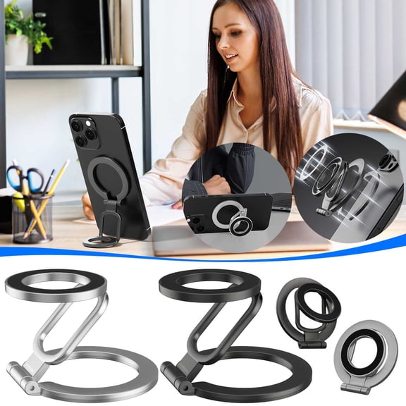 mtvxesu Double Sided Magnetic Phone Holder With Metal Ring Stand For Desk & Car, All Metal 360 Adjustable Mount For Iphone & Android, 1 Count