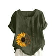 thumbnail image 2 of LMKIHUSA Workout Tops for Women Plus Size Oversized Crew Neck Linen Tops for Women 2024 Casual Sunflower Print Short Sleeve Cotton Blend Tee Shirts,Army Green XL, 2 of 5