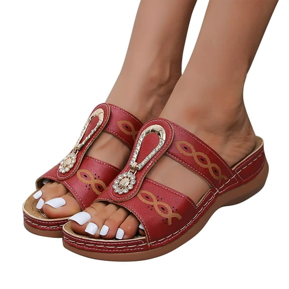 CQONEPT Sandals Women Dressy Summer: Comfortable Walking Open Toe Platform Sandal Soft Leather Sandal Casual Slip on Summer Sandals Size 8.5 Red