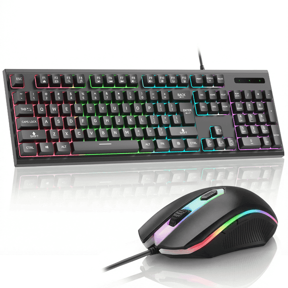 Wired Gaming Keyboard and Mouse, Rechargeable 104 Keys RGB Backlit Keyboard, Compact Gaming Keyboard & Lightweight 3200 DPI Honeycomb Optical Mouse for PC Gamer(Black)