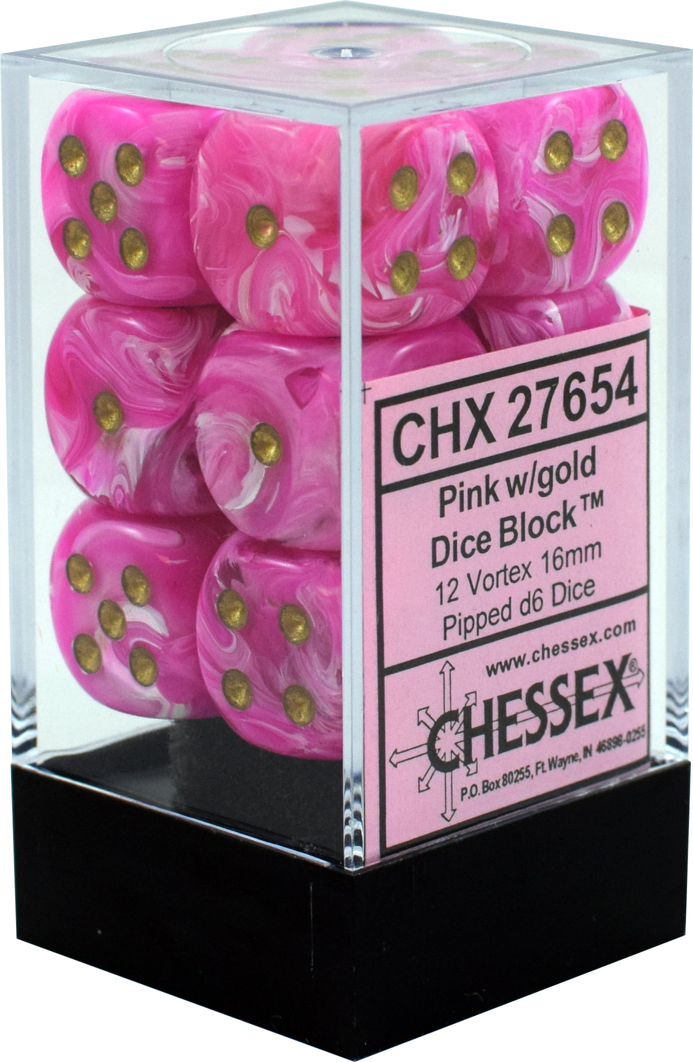 Chessex 27654 Vortex Pink with Gold 16mm Dice Block 12 Dice Game Accessories 