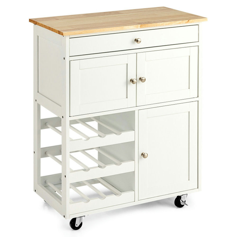 Finihen Rolling Storage Cabinet Cart, Kitchen Island Cart, Kitchen Cart with Rubber Wood Top 3 Tier Wine Racks 2 Cabinets, for Kitchen, Dining Room, White Finihen Rolling Storage Cabinet Cart, Kitchen Island Cart, Kitchen Cart with Rubber Wood Top 3 Tier Wine Racks 2 Cabinets, for Kitchen, Dining Room, White