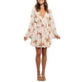 thumbnail image 1 of FOCUSNORM Femmes Sexy Tie-up Robe Fleur Impression Flare Manches V-neck une Seule Pièce, 1 of 9