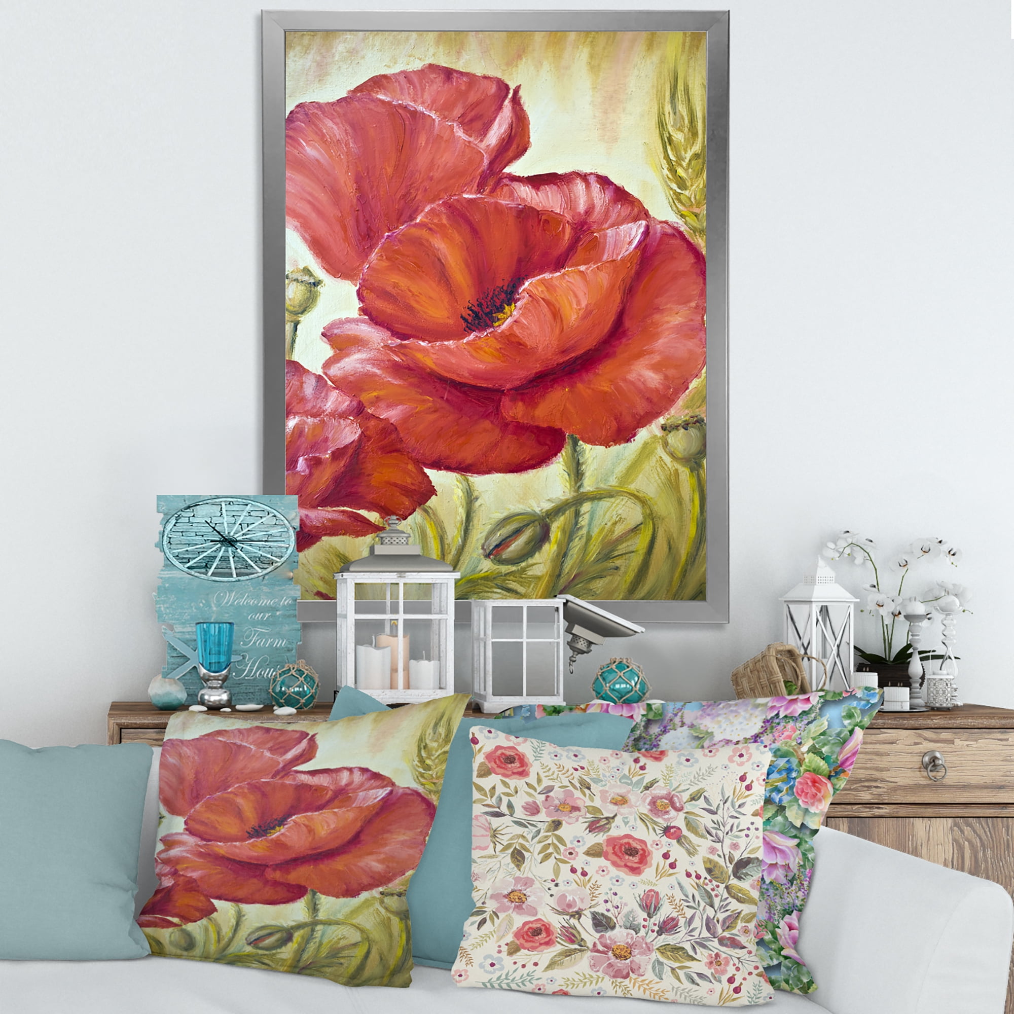 Designart 'Blossoming Red Poppies In Wheat Fields I' Traditional Framed Art Print