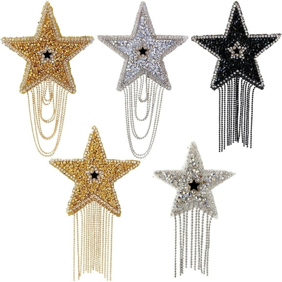 Monebena 5Pcs Rhinestone Star Tassel Repair Patches, Shiny Five-Pointed Star Pattern Iron on Patches for Hats Jeans Bag Dress Pants DIY Accessories M01