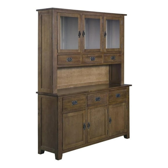 Pemberly Row Arts and Crafts 6-Drawer Solid Wood China Cabinet in Walnut