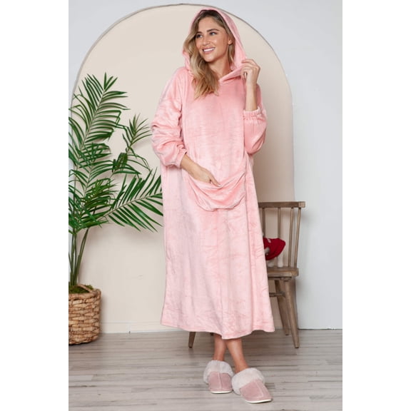 Double Take Full Size Pocketed Hooded Midi Lounge Dress
