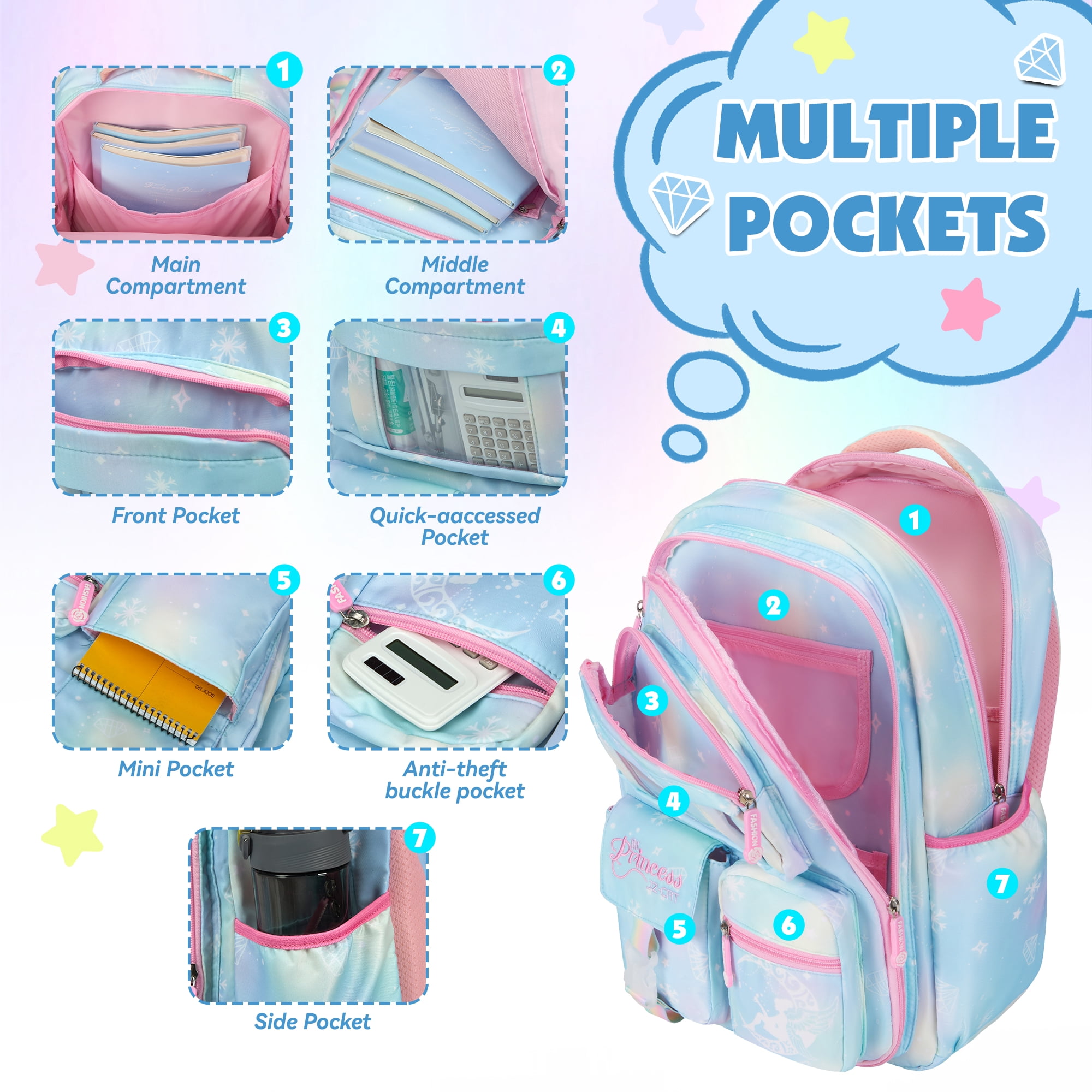 DAKIMOE School Backpack Book Bags Primary Middle School Bags for Kids Girls Teens Back to School Large Bookbags with Multi Pocket for 7-14 Years Pink