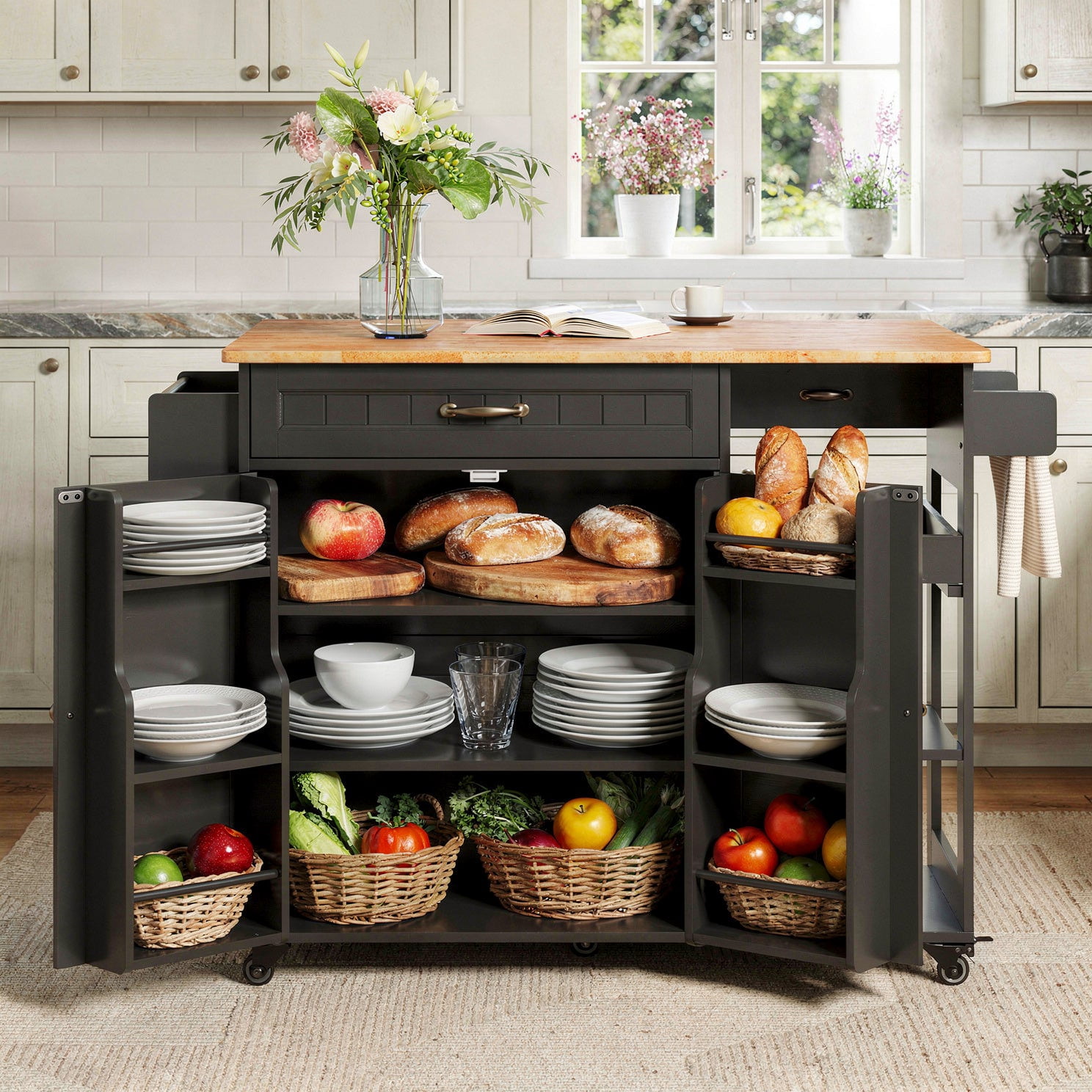 Aiho Rolling Island Table with Storage, 41.2" W Kitchen Island on Wheels with Drop Leaf & Spice/Towel Rack & Adjustable Shelf, Perfect for Kitchen, Living Room, Black