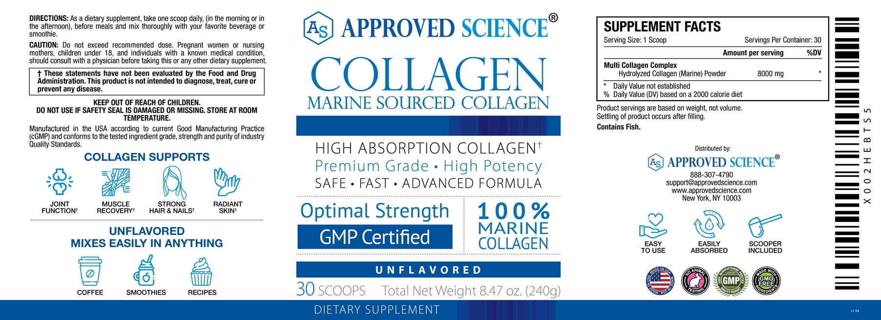 Approved Science Collagen Powder - Skin and Hair- 30 Scoops - One Month Supply