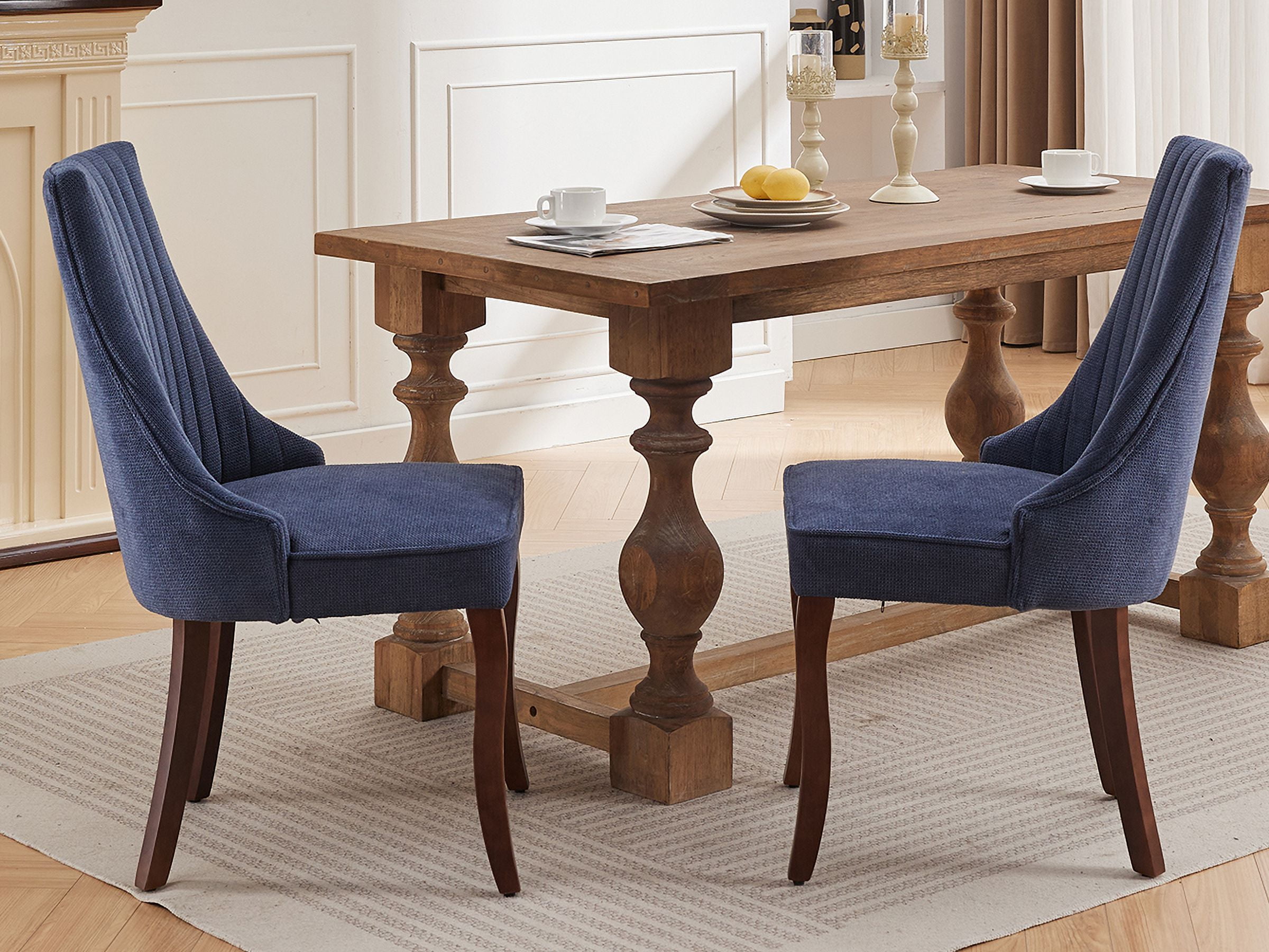 Navy Mid Century Dining Chairs Set of 8, Modern Kitchen & Dining Room Chairs Set of 8, Linen Upholstered Kitchen Chairs, Sillas de Comedor, Wood Legs (Blue, 8 Pcs)