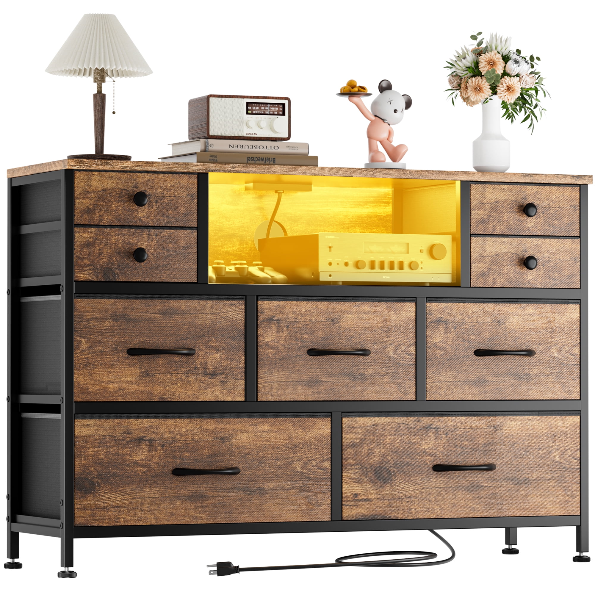 GIKPAL 9 Drawer Dresser, Dressers for Bedroom TV Stand with Power Outlets LED Lights, Fabric Dresser Chest of Drawers for up to 50" TV, Brown