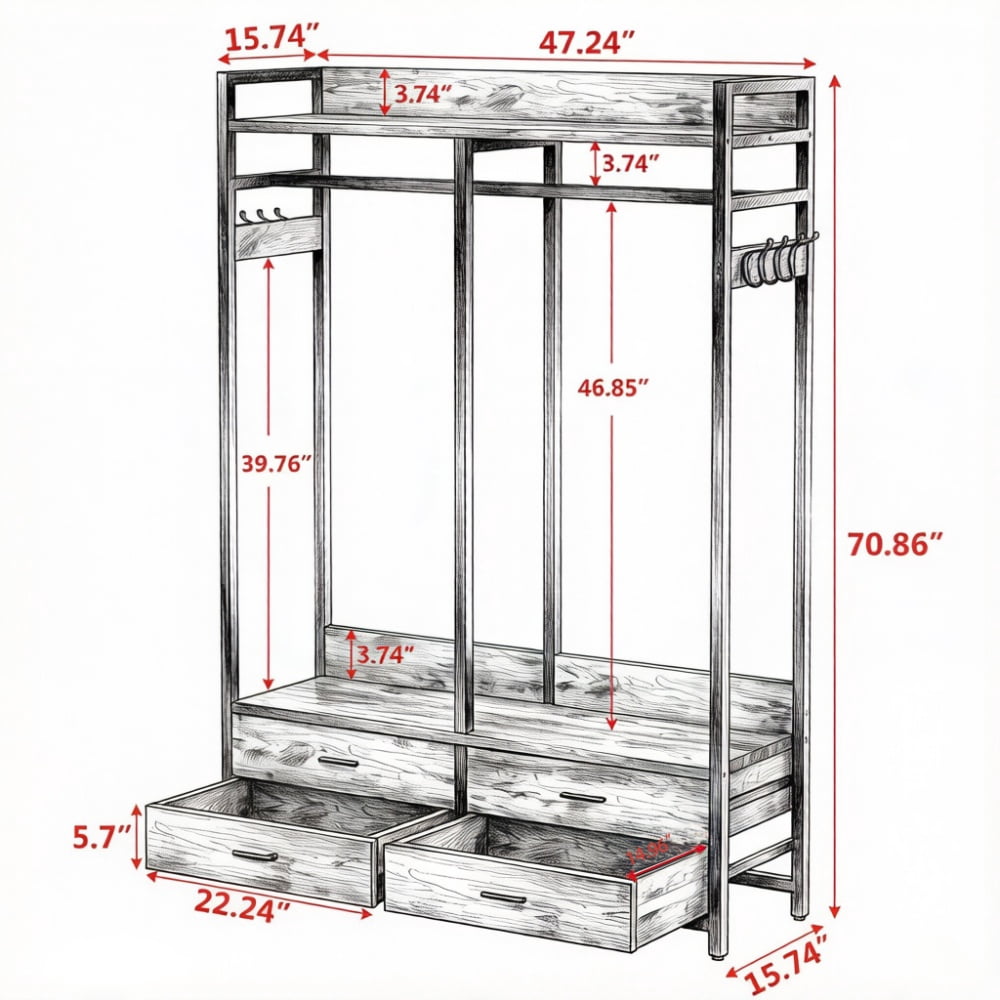 Freestanding Industrial Closet Organizer, 47" Clothing Rack with 4 Drawers, Shelves & 8 Hooks, Metal Frame Open Wardrobe with Anti-Tip Straps for Bedroom