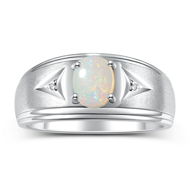 RYLOS Men's Rings Sterling Silver Classic 8X6MM Oval Gemstone & Diamond Ring Opal October Birthstone Rings For Man Silver Rings Size 10