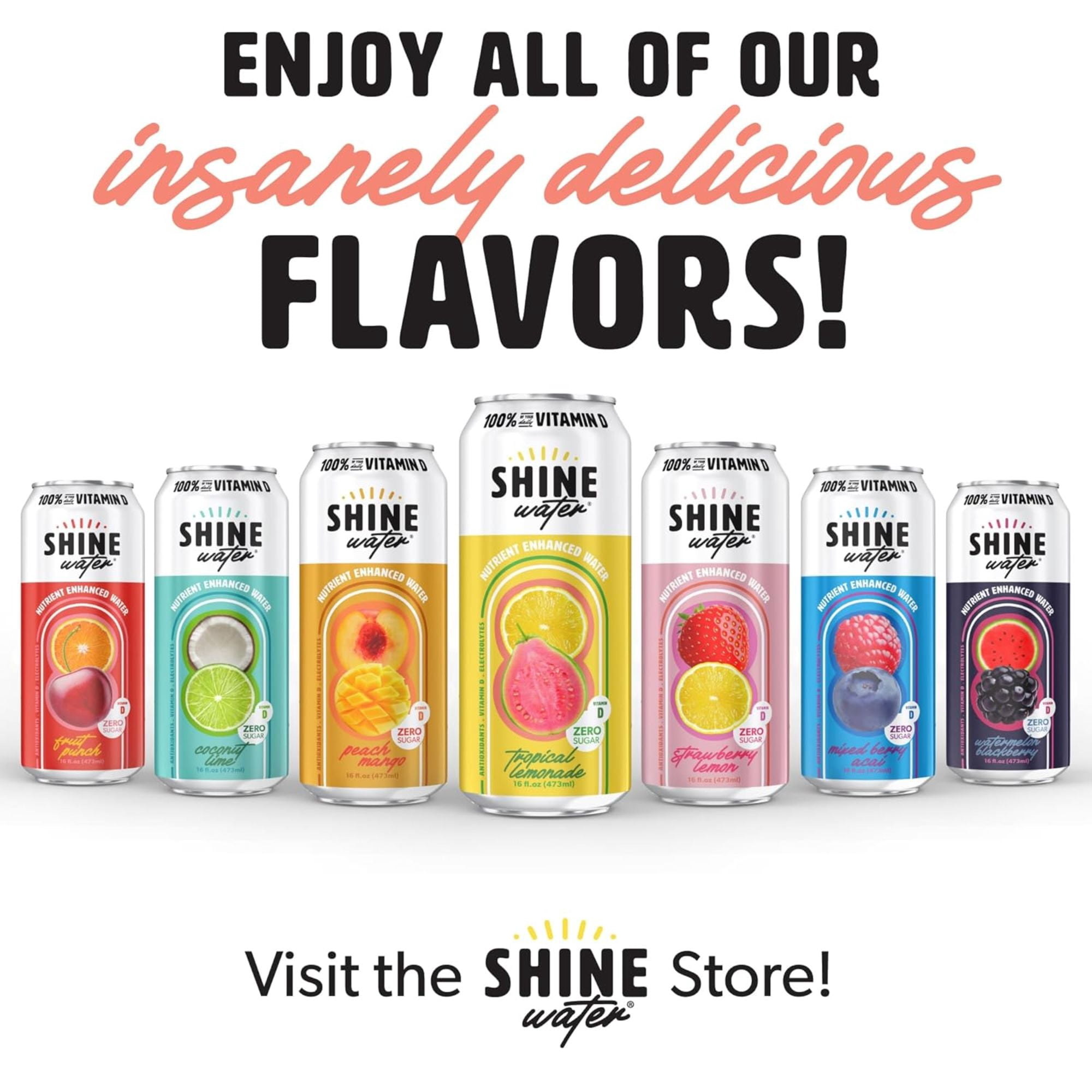 Shine Water Tropical Lemonade Vitamin D Electrolyte Drinks 12-Pack, Sugar Free Flavored Water with Magnesium, Zinc & Antioxidants, Low Calorie Hydration