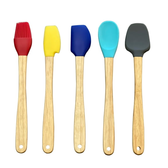 Spatula Cooking Utensils Silicone Rubber Mini Wood Handle Heat Resistant Nonstick Set of 5 Exultimate