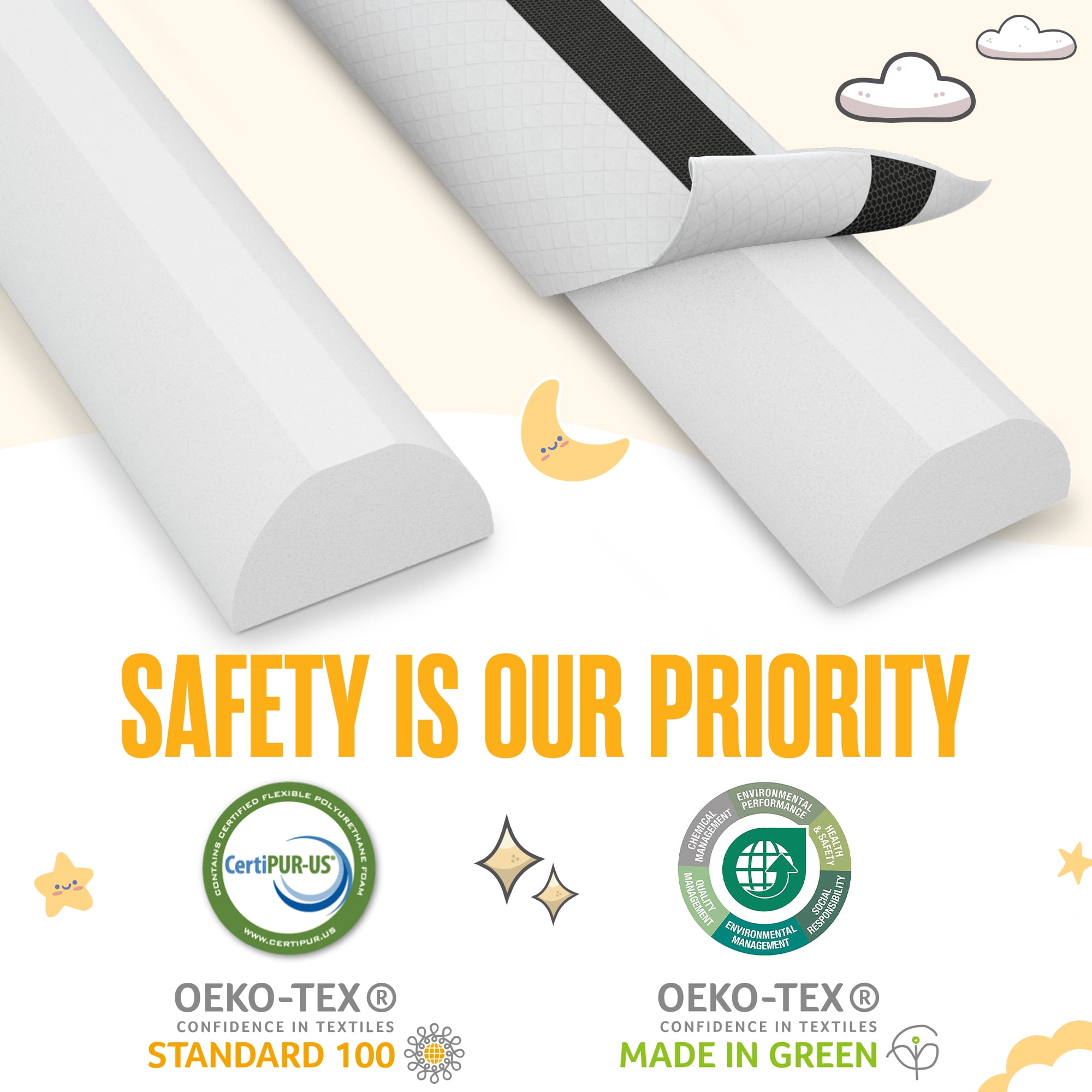 Sleepah Toddler Bed Rail - 2 Pack, Memory Foam, Dual Non-Slip Pads, Washable, White
