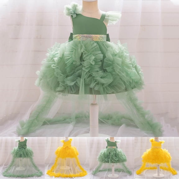 Dress for Girls Formal Party Dress with Long Train Gown Birthday Pageant Performance Tutu Green Dress Size 18-24 M