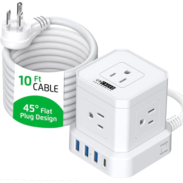 Tiras de alimentación en forma de cubo con protección contra sobretensiones, cable de extensión de 10 pies con múltiples salidas, 5 enchufes de CA + 3 tiras de alimentación de carga USB con puertos US
