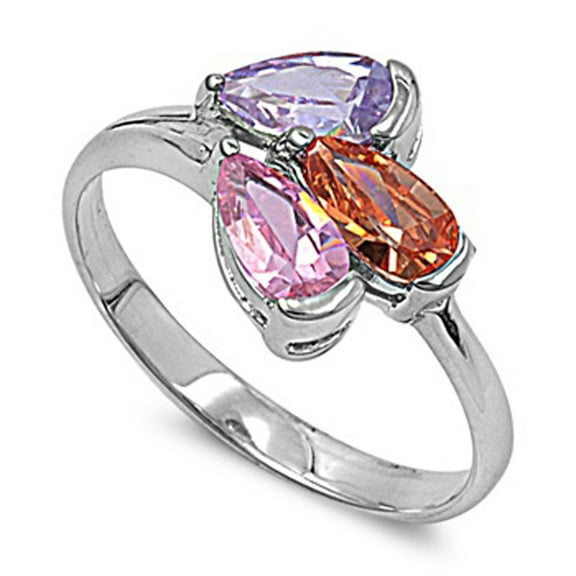 Multicolor Simulated CZ Pear Teardrop Retro Ring ( Sizes 5 6 7 8 9 ) New .925 Sterling Silver Band Rings (Size 9)