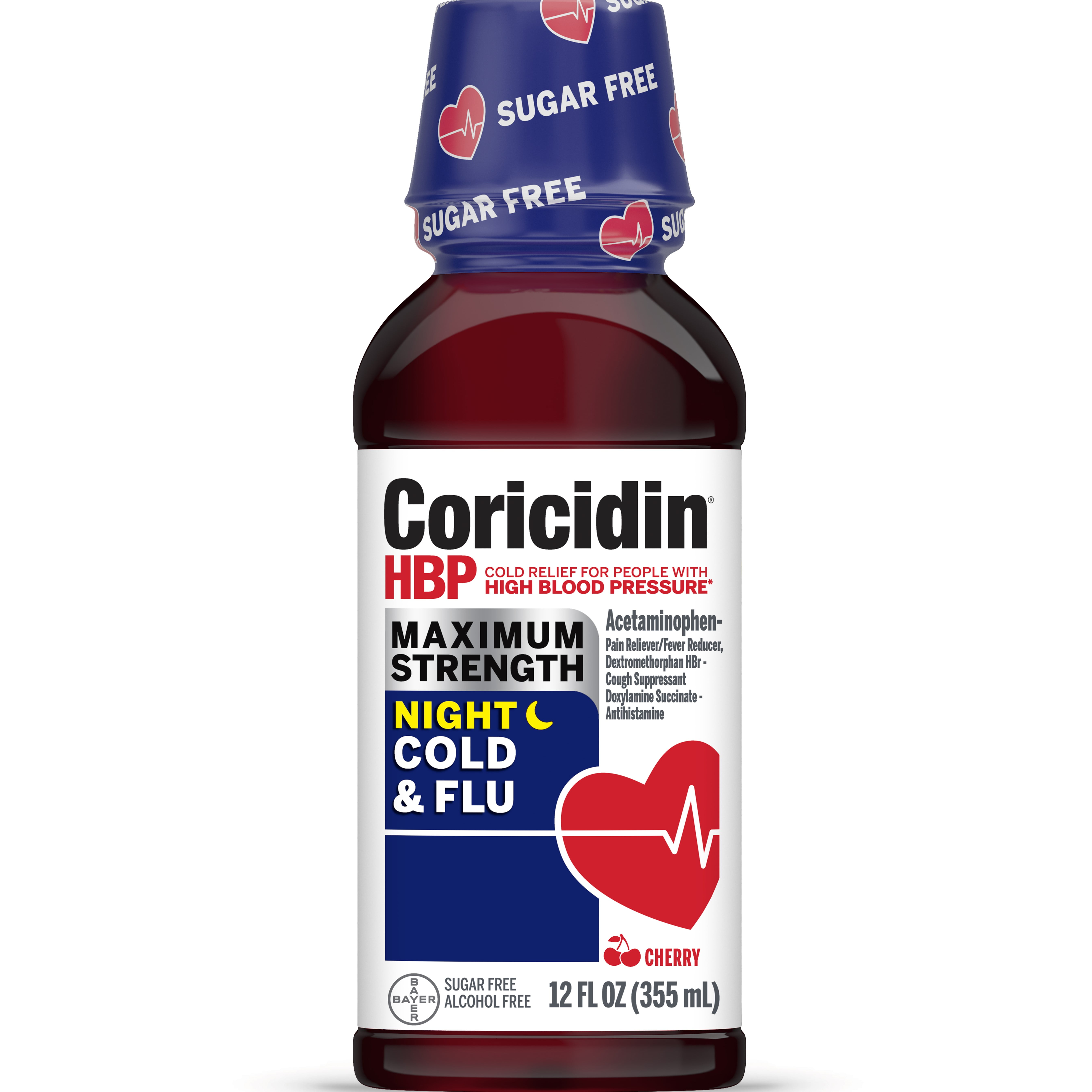 Coricidin HBP Cold & Flu Medicine, Sugar Free Night Liquid, Cherry, 12 fl oz