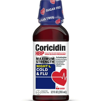 Coricidin HBP Cold & Flu Medicine, Sugar Free Night Liquid, Cherry, 12 fl oz