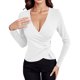 thumbnail image 1 of Top asimétrico con cuello en V y tres botones, manga larga, sexy y ajustado, blusa informal para mujer, 1 of 7