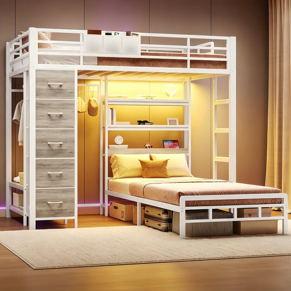 Torveric Bunk Bed Twin Over Twin with Storage Hall Tree and LED Shelves & Drawers Full-length Guardrail & Ladder White Maximize Space Saving Small Bedroom Furniture